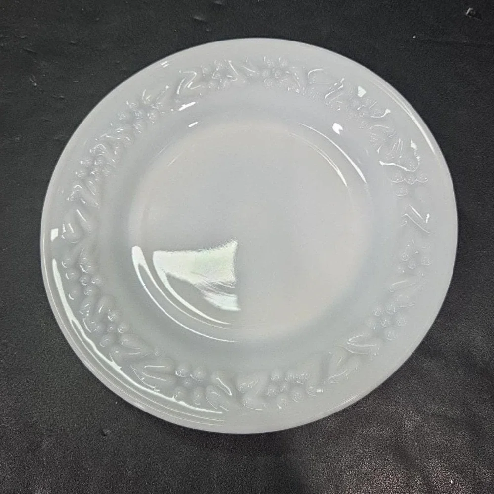 Hazel Atlas Milk Glass Salad‎ Plates, Set of 3, Vintage Floral Embossed Dishes